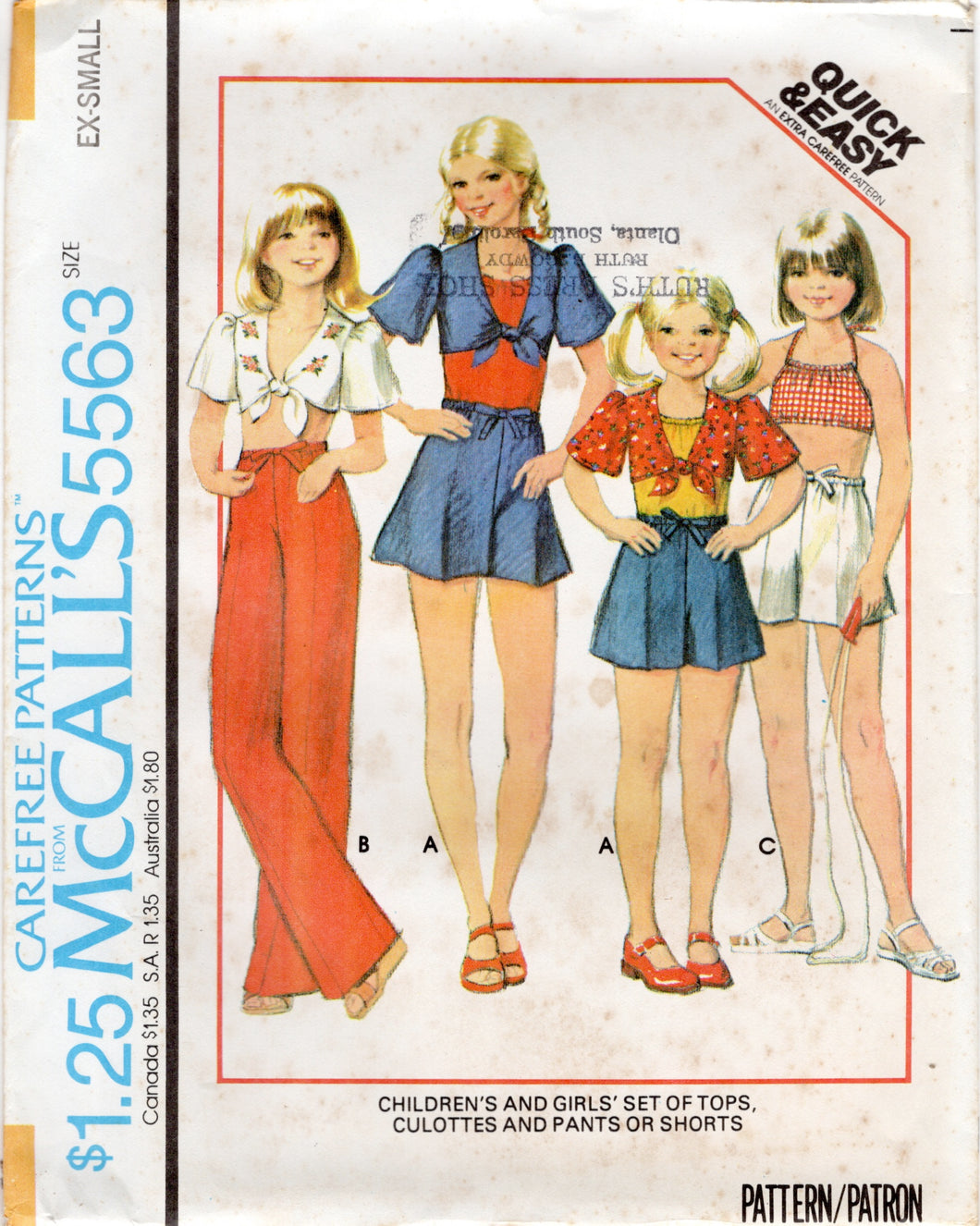 1970's McCall's Child's Summer Blouse with Front Ties and Culottes, Pants or Shorts - Chest 25-32