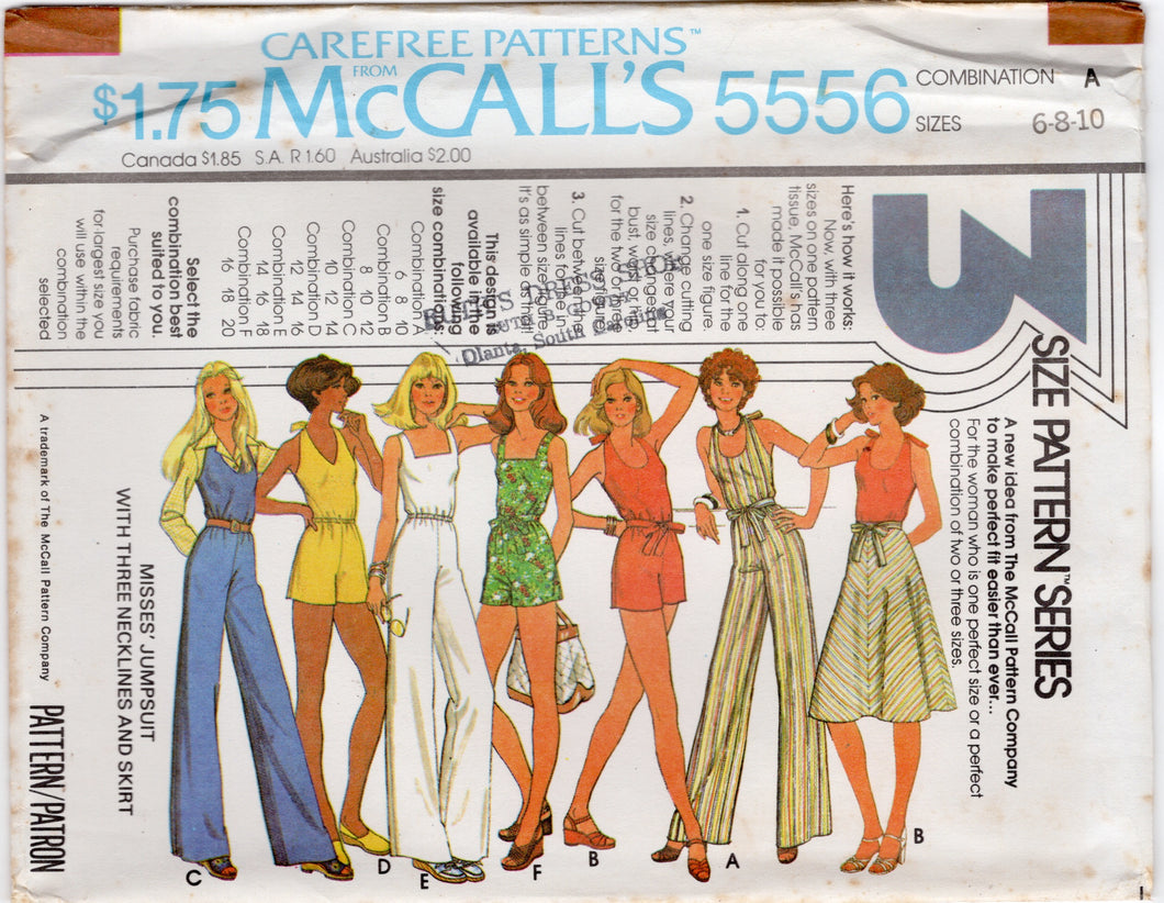 1970's McCall's Jumpsuit with Three Necklines and Skirt Pattern - Bust 30.5-32.5