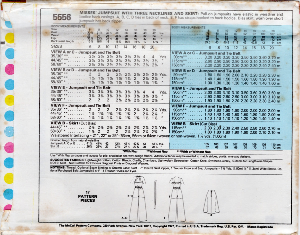 1970's McCall's Jumpsuit with Three Necklines and Skirt Pattern - Bust ...