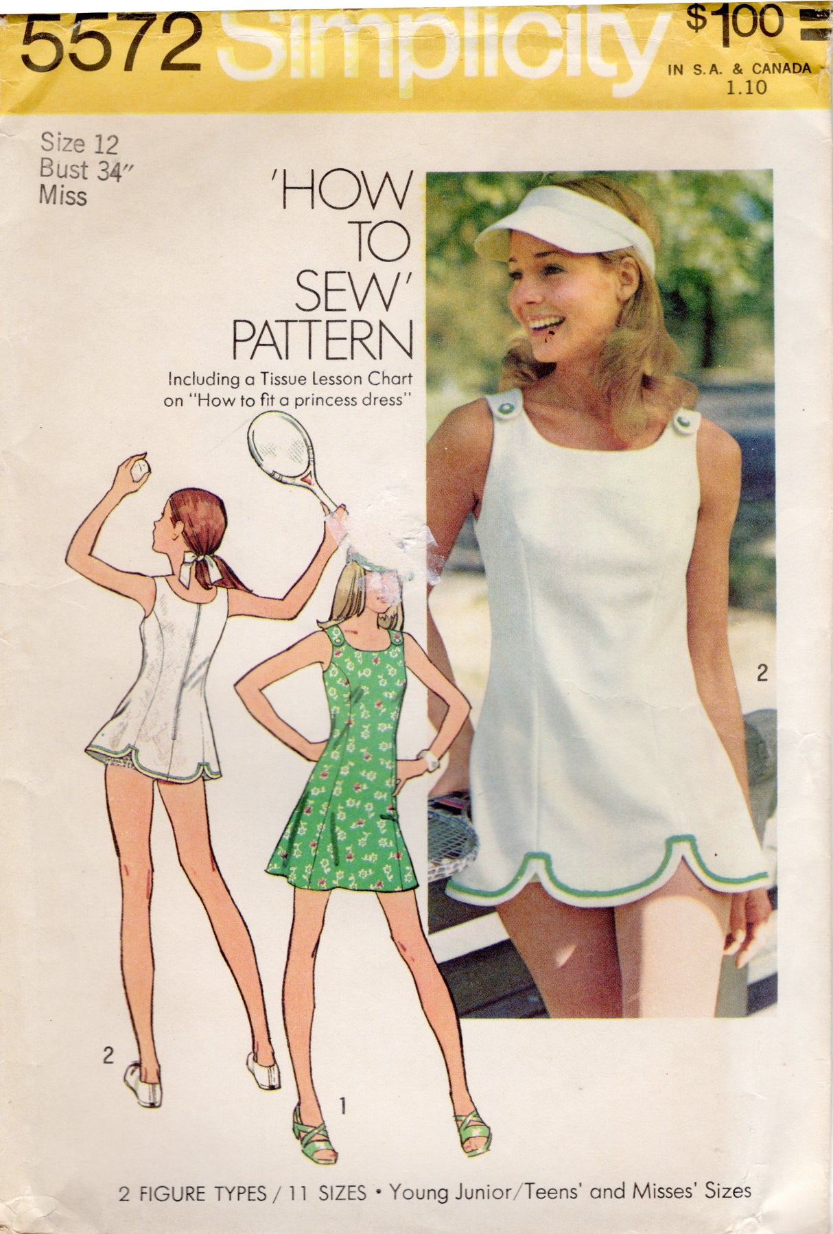 1970's Simplicity Tennis Dress, Visor and Panties Pattern - Bust 34" - No. 5572