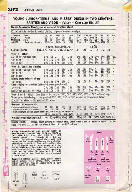 1970's Simplicity Tennis Dress, Visor and Panties Pattern - Bust 34" - No. 5572