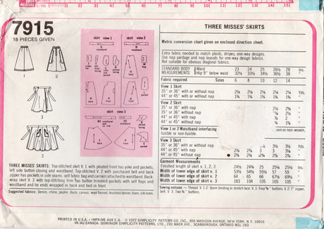 1970's Simplicity A-line, Flared and Wrap Skirt Pattern - Waist 28" - No. 7915