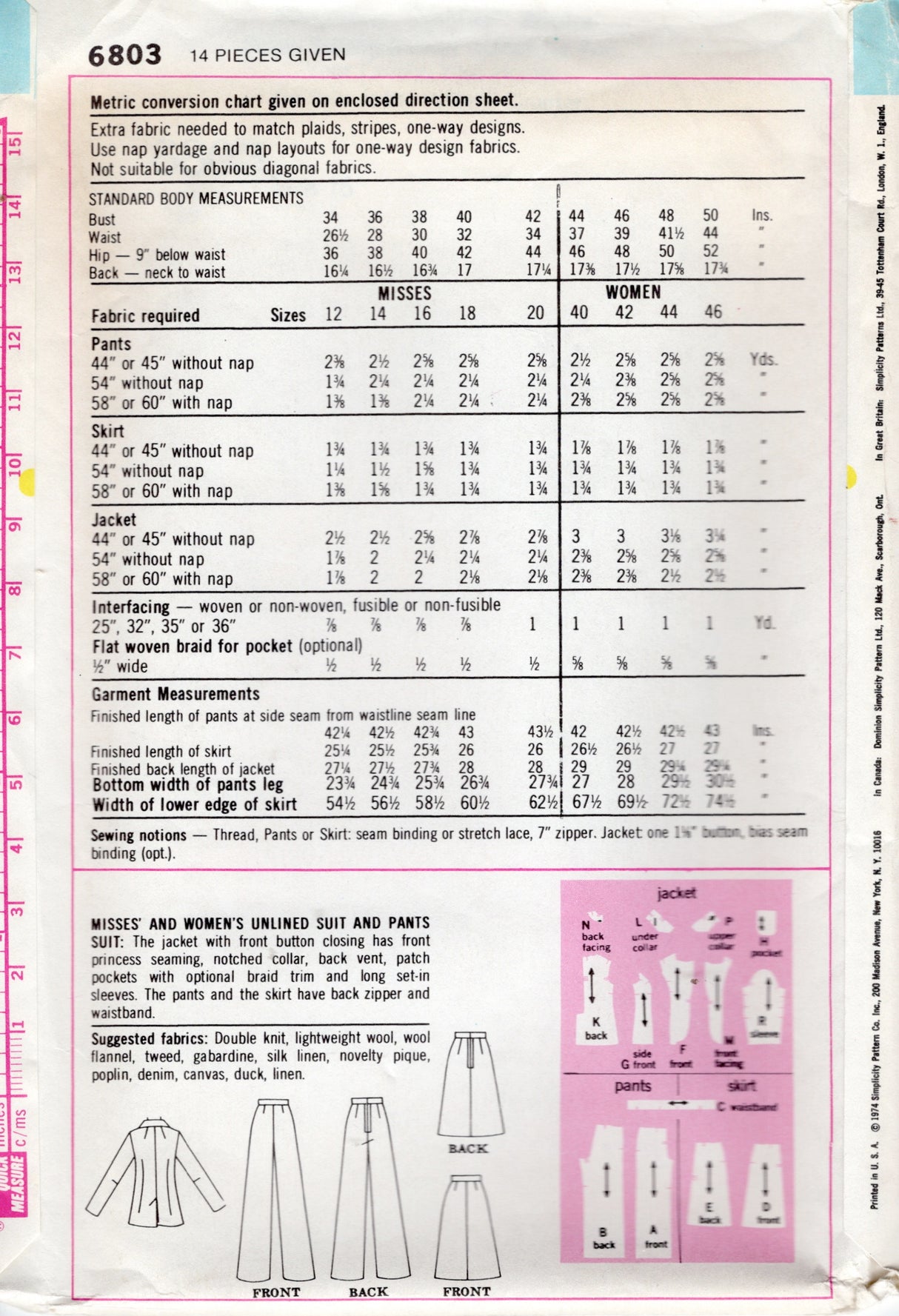 1970's Simplicity Unlined Suit and Skirt Pattern - Bust 38" - No. 6803