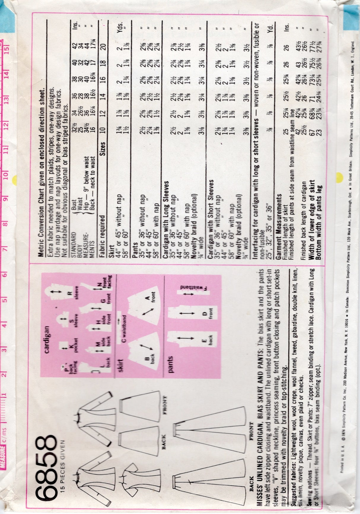 1970's Simplicity Unlined Cardigan, Bias Skirt and Pants Pattern - Bust 38" - No. 6858