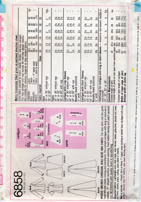 1970's Simplicity Unlined Cardigan, Bias Skirt and Pants Pattern - Bust 38" - No. 6858