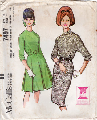 1960's McCall's One Piece Dress with Raglan Sleeve and Two Skirt Styles - Bust 36