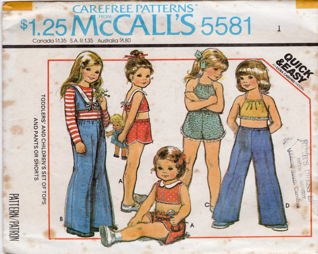 1970's McCall's Child's Summer tops, shorts and pants pattern - Chest 21-25