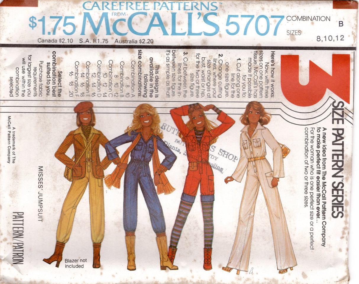 1970's McCall's Vest, Unlined Jacket and Wide Leg Pants or Flared Skirt pattern - Bust 31-38" - No. 5711