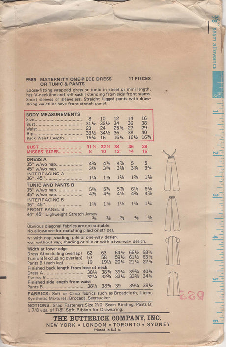 1960's Butterick Maternity Wrap Dress and Pants Pattern – Bust 34” - No.5589