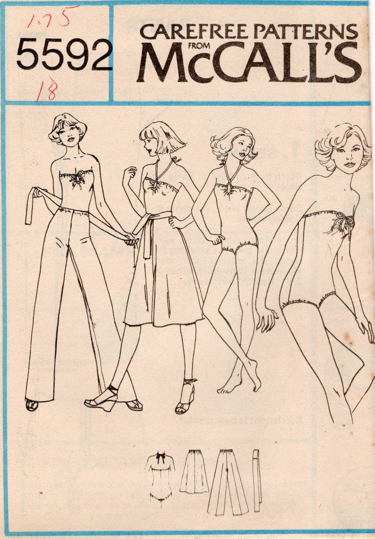 1970's McCall's Bodysuit, Swimsuit, Skirt and Pants Pattern  - Bust 38" - No. 5592