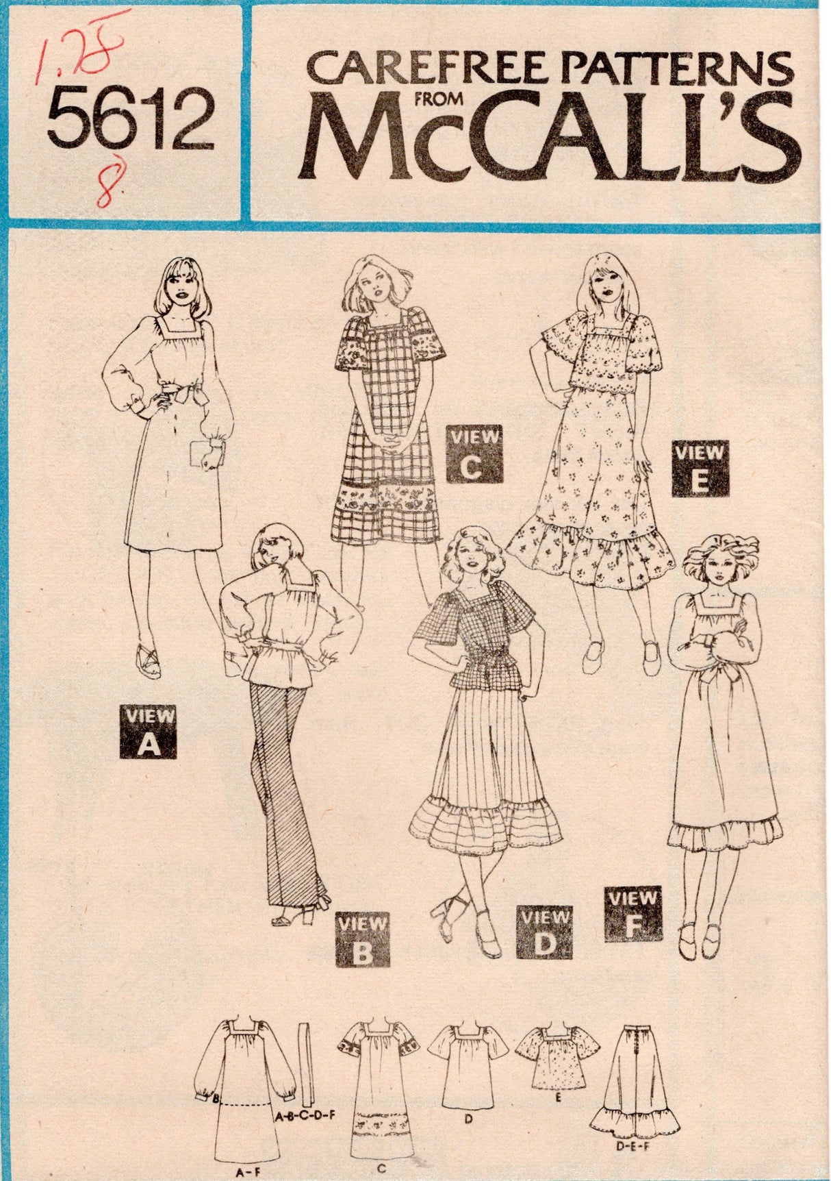 1970's McCall's Midi Pullover Square Neck Dress or Tunic and Ruffled Skirt Pattern  - Bust 31.5-36" - No. 5612