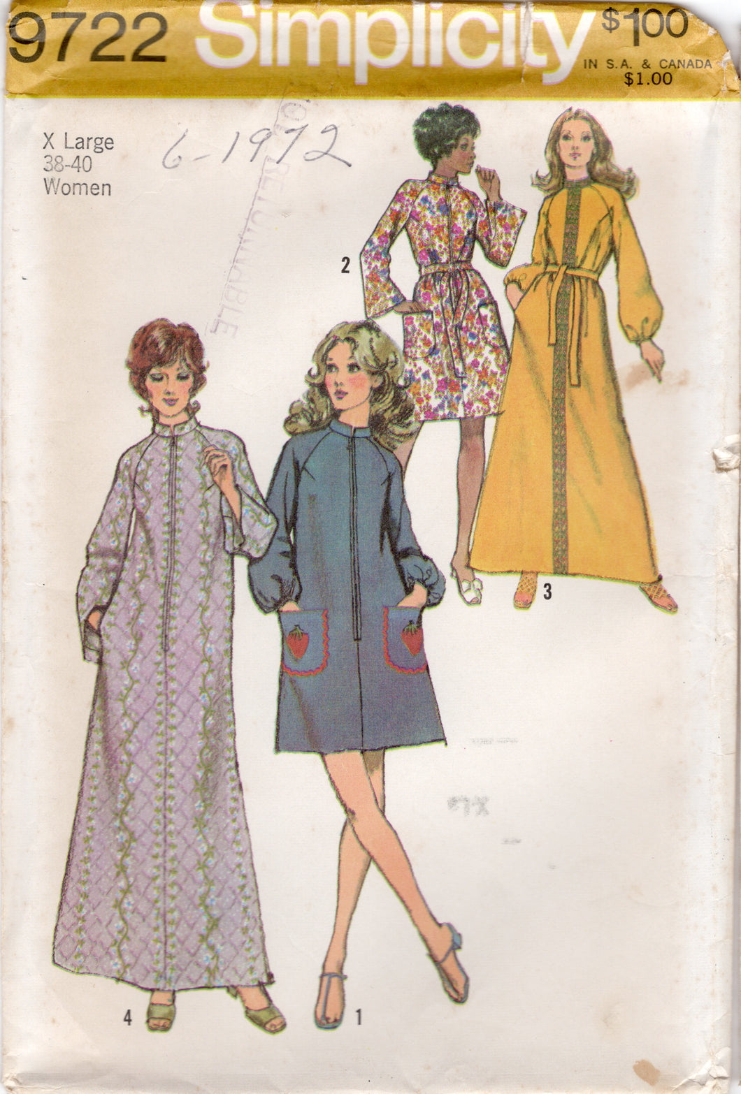1970’s Simplicity Robe in Two Lengths and Raglan Sleeves - Bust 38-40” - No. 9722