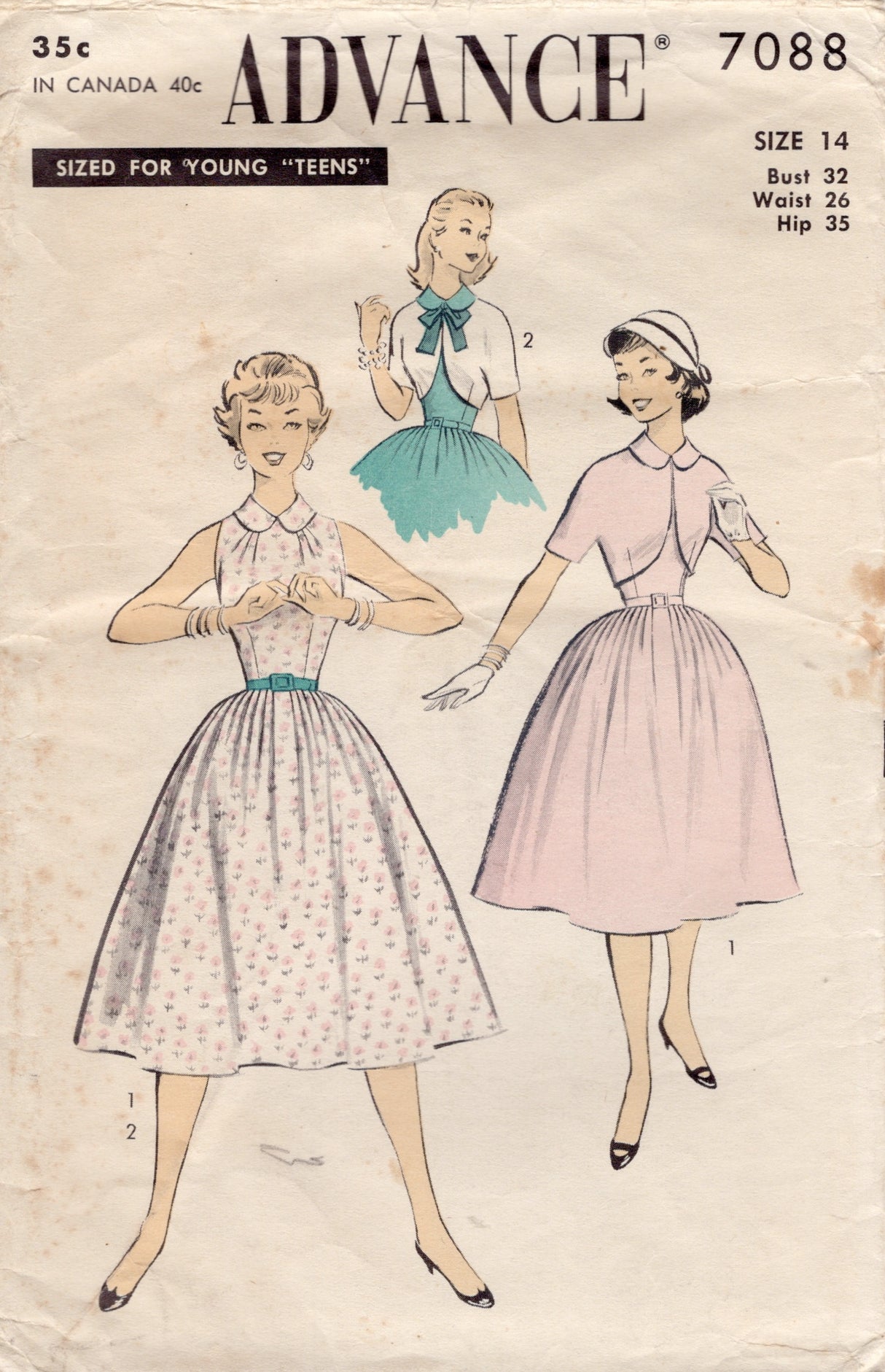 1950's Advance One Piece Dress with Tucked Neckline, Peter Pan Collar & Bolero - Bust 32" - No.7088