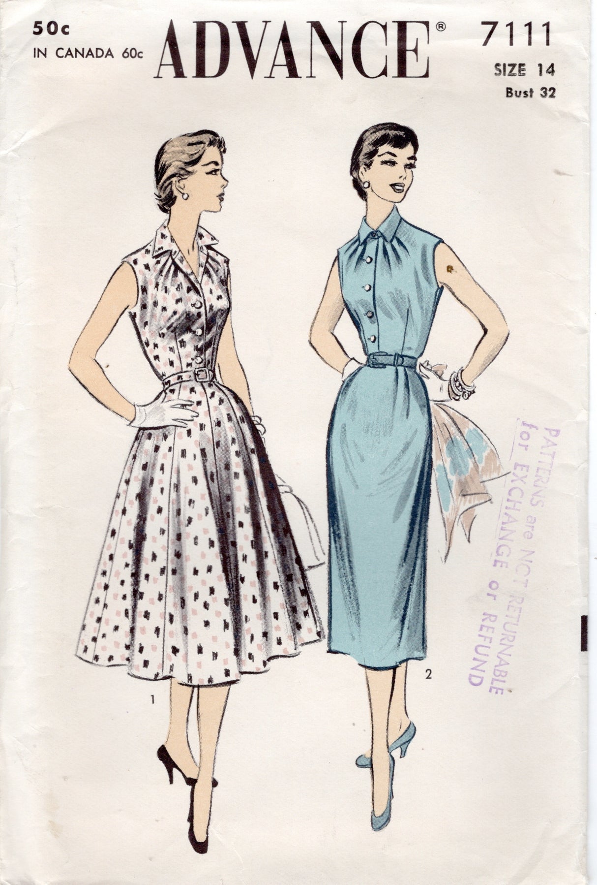 1950's Advance Shirtwaist Dress Patternwith Straight or Gored Skirt - Bust 32" - No. 7111