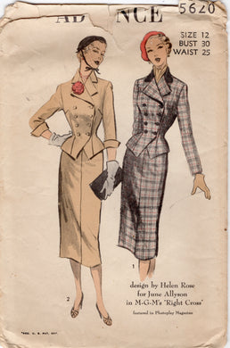 1950's Advance Two-Piece Suit with Double Breasted Jacket Pattern - designed by Helen Rose - Bust 30