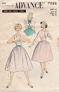 1950's Advance One Piece Dress with Tucked Neckline, Peter Pan Collar & Bolero - Bust 32