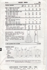 1950's Advance Shirtwaist Dress Patternwith Straight or Gored Skirt - Bust 32" - No. 7111