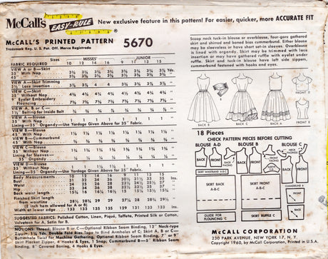 1960's McCall's Blouse, Skirt and Cummerbund Pattern - Bust 31" - No. 5670