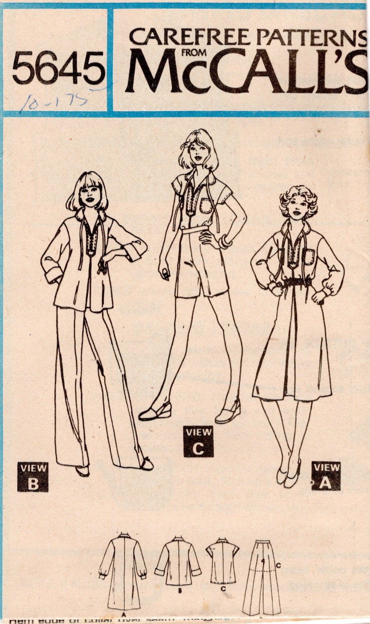 1970's McCall's Pullover Dress or Shirt and Pants or Shorts Pattern  - Bust 32.5-36" - No. 5645