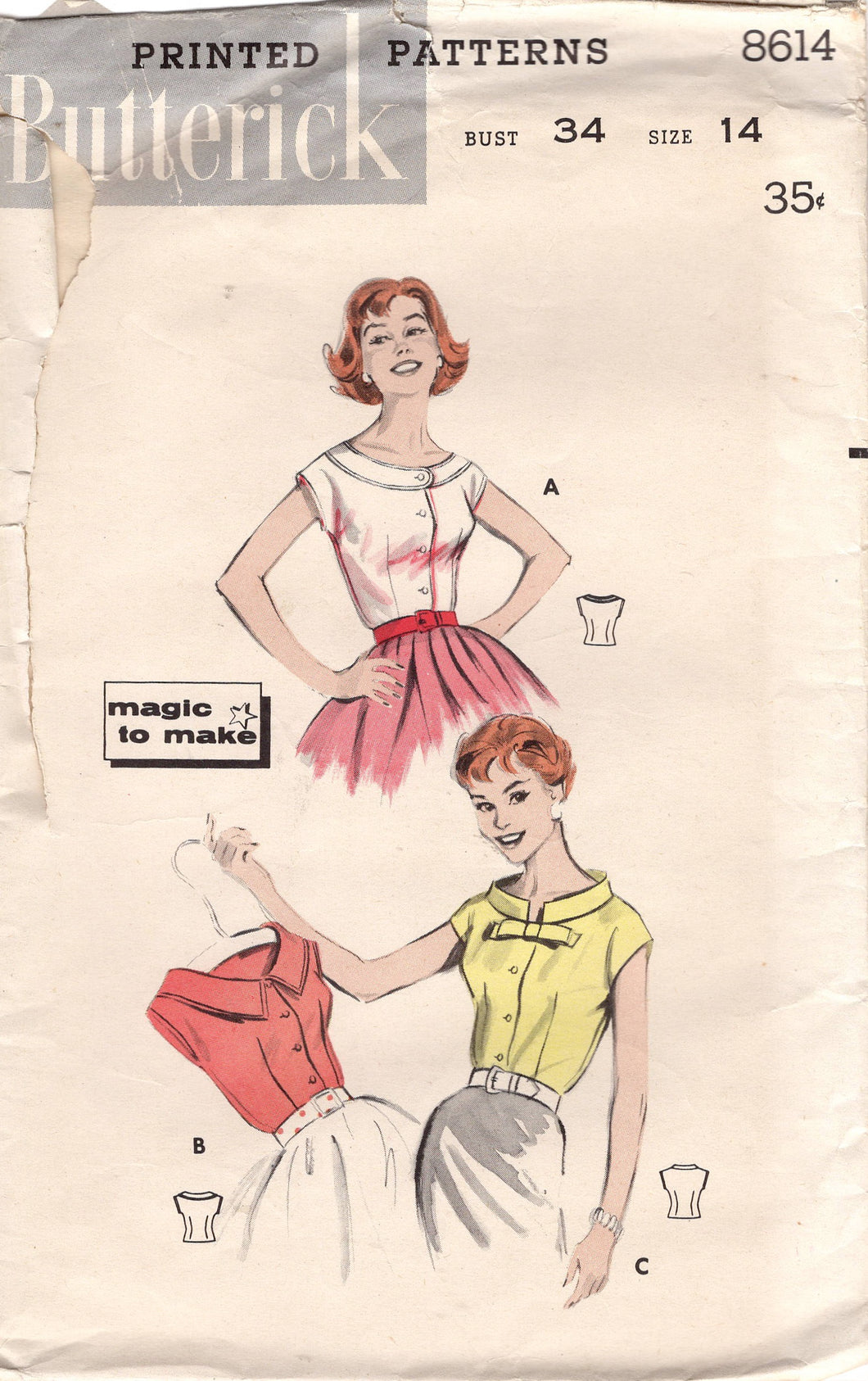 1950's Butterick Button Up Blouse with Jewel or Stand Up Collar - Bust 34