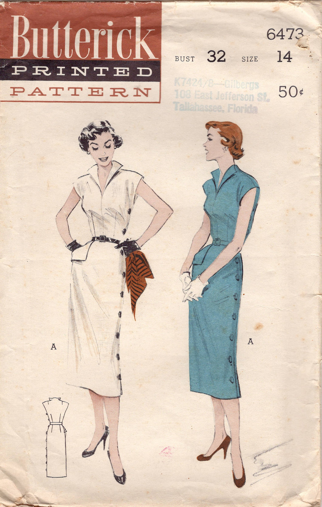 1950's Butterick Side Button Sheath Dress Pattern with one Pocket - Bust 32