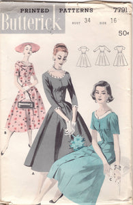 1950's Butterick Fit and Flare Shirtwaist Dress Pattern with Scoop Neckline and optional Scallop trim - Bust 34" - No. 7791