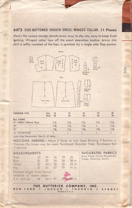 1950's Butterick Side Button Sheath Dress Pattern with one Pocket - Bust 32" - No. 6473