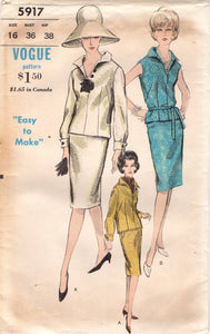 1960's Vogue Two-Piece Dress with or without sleeves and Belt Pattern - Bust 36" - No. 5917
