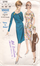 1960's Vogue One Piece Sheath Dress with Tucked Neckline and Raglan Sleeves - Bust 36" - No. 5791
