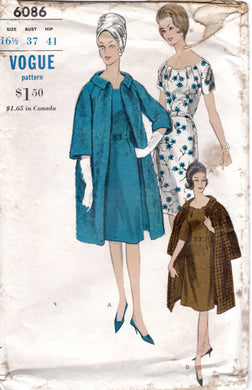 1960's Vogue Sheath Dress Pattern with Tucked Neckline and Straight Line Coat Pattern - Bust 37