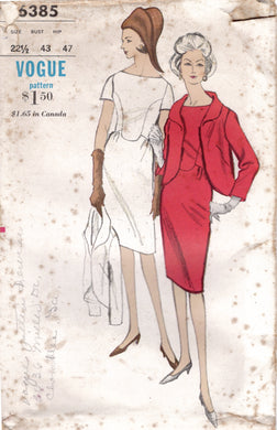 1960's Vogue Cutaway Jacket and One Piece Dress Pattern with Fitted Bodice - Bust 43