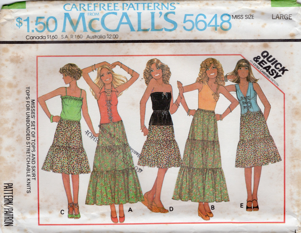 1970's McCall's Blouse with Front Ties, Lace Up Front or Halter and Tiered Skirt - Bust 30.5-31.5" - No. 5648