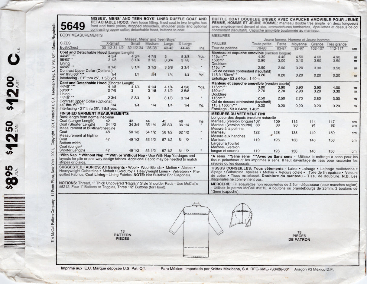 1990's McCall's Duffle Coat and Detachable Hood pattern - Chest 30.5-31.5" - No. 5649