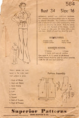 1930's Superior Two Piece Pajama Pattern with Wide Leg Pants - Bust 34" - No. 564