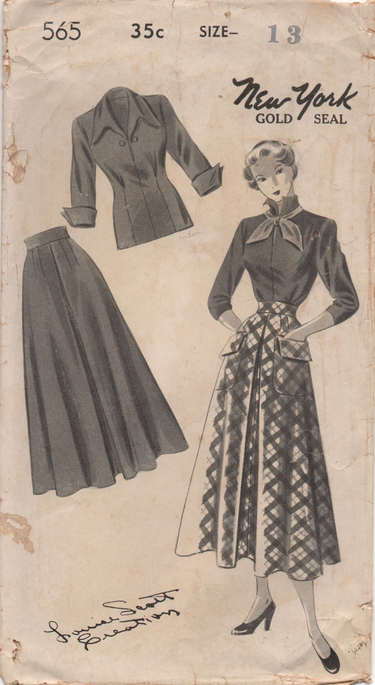 1950's New York Blouse with Large Collar, Flared Skirt and Scarf Pattern - Bust 31" - No. 565