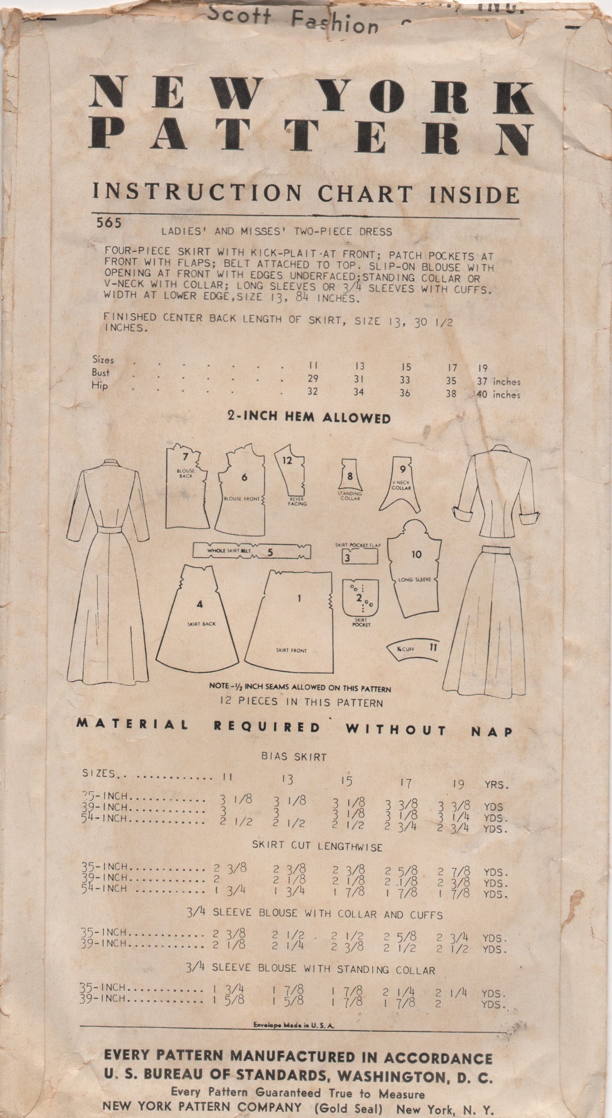 1950's New York Blouse with Large Collar, Flared Skirt and Scarf Pattern - Bust 31" - No. 565