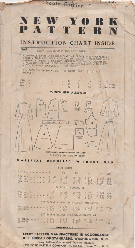 1950's New York Blouse with Large Collar, Flared Skirt and Scarf Pattern - Bust 31" - No. 565
