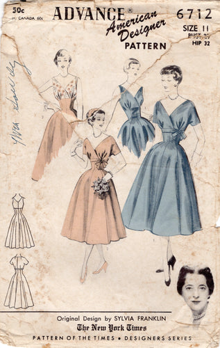 1950's Advance American Designer Fitted Waist Dress Pattern with Surplice Bodice - Bust 29