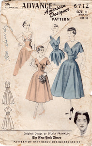 1950's Advance American Designer Fitted Waist Dress Pattern with Surplice Bodice - Bust 29" - No. 6712