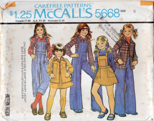 1970's McCall's Child's Shirt or Shacket, Skirt and Overalls Pattern - Chest 25-26