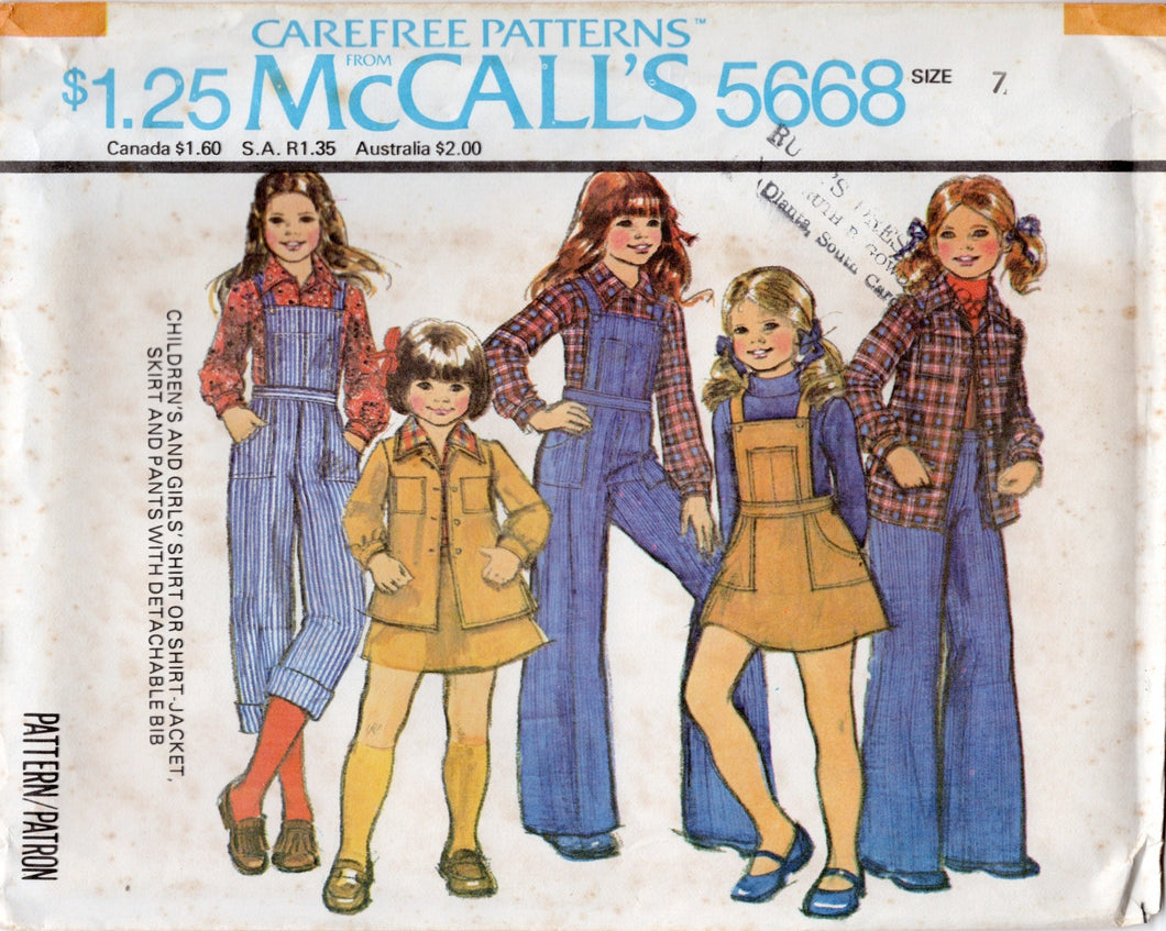 1970's McCall's Child's Shirt or Shacket, Skirt and Overalls Pattern - Chest 25-26