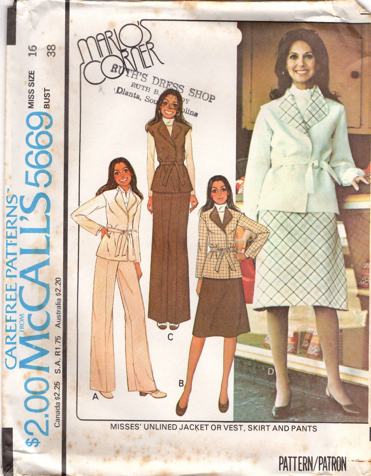 1970's McCall's Unlined Jacket or Vest, A line skirt and Straight leg pants pattern - Marlo's Corner - Bust 31.5-38" - No. 5669