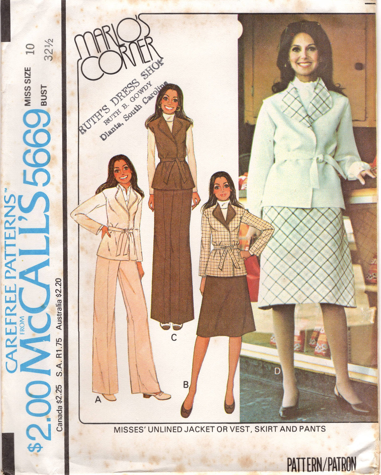 1970's McCall's Unlined Jacket or Vest, A line skirt and Straight leg pants pattern - Marlo's Corner - Bust 31.5-38" - No. 5669