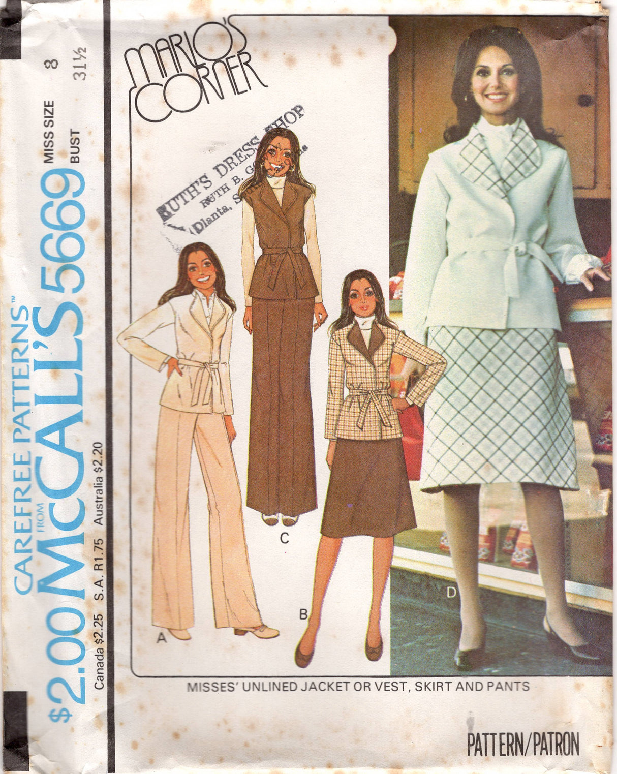 1970's McCall's Unlined Jacket or Vest, A line skirt and Straight leg pants pattern - Marlo's Corner - Bust 31.5-38" - No. 5669