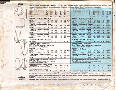 1970's McCall's Unlined Jacket or Vest, A line skirt and Straight leg pants pattern - Marlo's Corner - Bust 31.5-38" - No. 5669