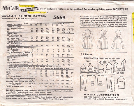 1960's McCall's One Piece Fit and Flare Dress and Bolero Jacket - Bust 32" - No. 5669