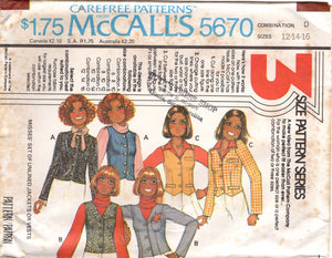 1970's McCall's Vest or Unlined Jacket pattern in 3 Styles - Bust 30.5-38" - No. 5670