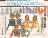 1970's McCall's Vest or Unlined Jacket pattern in 3 Styles - Bust 30.5-38" - No. 5670