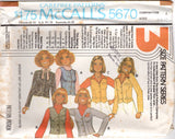 1970's McCall's Vest or Unlined Jacket pattern in 3 Styles - Bust 30.5-38" - No. 5670