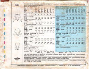 1970's McCall's Vest or Unlined Jacket pattern in 3 Styles - Bust 30.5-38" - No. 5670